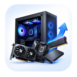 Ilustração de gabinete e componentes de computador, representando upgrade de PC.